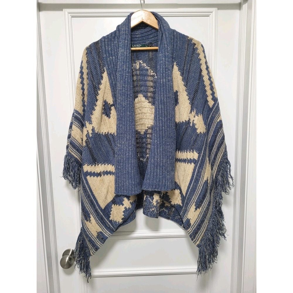 Vtg Lauren Ralph Lauren Southwest Wool Linen Bld Fringe Open Poncho Cardigan PM